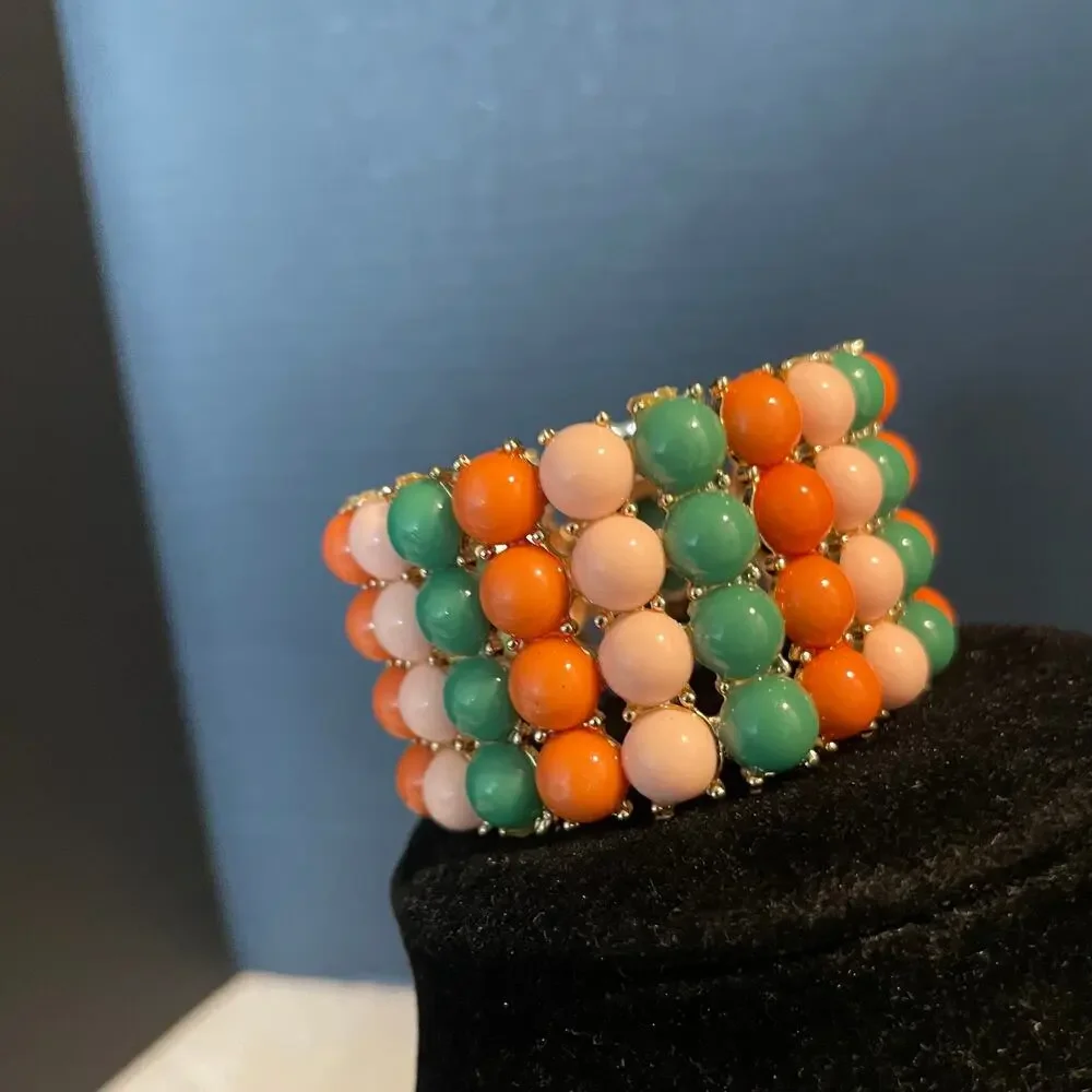 Vintage beaded statement bracelet multi color beads gold tone boho jewelry